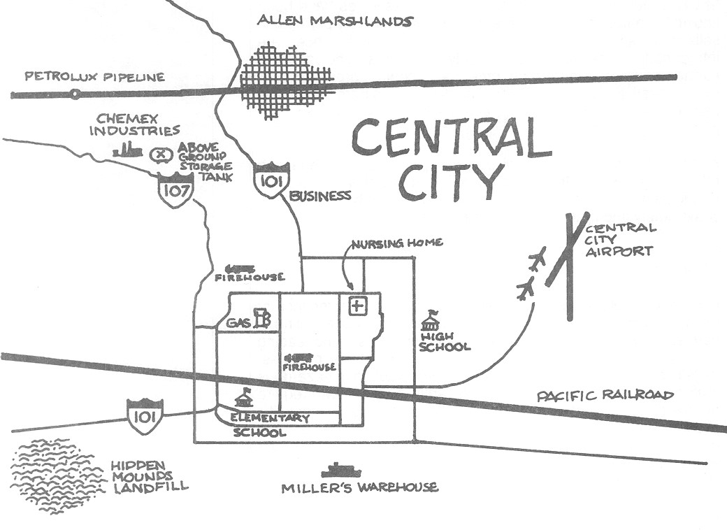 Map of Central City depicting the Petrolux Pipeline to the north, the Pacific Railroad to the south, and the Central City Airport to the east. Highways 101 and 107 run north-south through the middle of the city. The map also displays the following (from north to south): Allen Marshlands; Chemex Industries; above-ground storage tank; nursing home; firehouse; gas station; high school; elementary school; Hidden Mounds landfill; and Miller's Warehouse.