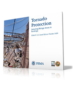 Cover for FEMA Publication P-431, Second Edition, October 2009, Tornado Protection: Selecting Refuge Areas in Buildings, Photo of  brick building destroyed by tornado winds, U.S., FEMA Logo/Seal, Community Affairs Logo and Great Seal of the State of Florida (In God We Trust)