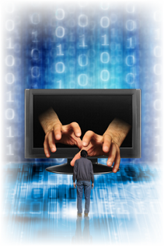 Hands reaching out of a computer screen towards a person standing in front of it.
