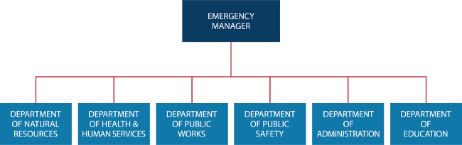 Organizational chart with Emergency Manager at top, and Department of Natural Resources, Department of Health and Human Services, Department of Public Works, Department of Public Safety, Department of Administration, Department of Education at bottom.