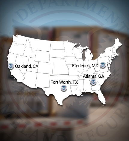 Map showing the four Continental United States Distribution Centers-Atlanta, GA, Frederick, MD, Fort Worth, TX, Oakland, CA