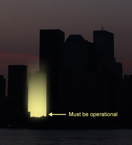 silhouette of a city with one building lite up.