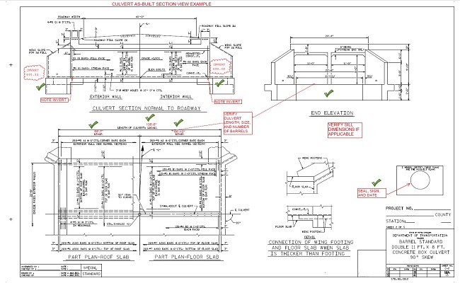An as-built drawing of a culvert. The as-built shows a profile view of the culvert and an overhead view. Please refer to Appendix 6-2 for a full description.