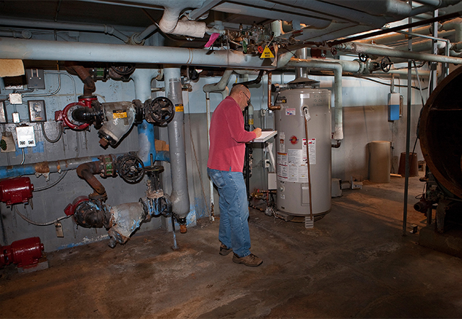 A Public Assistance Project Specialist records data about a new water heater in a school in Wisconsin.