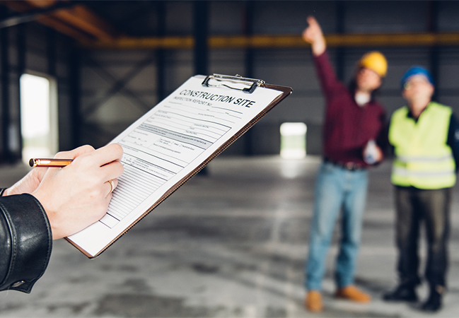 Construction site inspector making report.