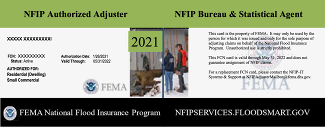 Sample Adjuster Flood Control Number (FCN) Card