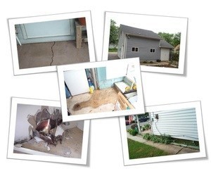 Collage of photos. One shows a cracked floor in front of a door. Another shows a house, another shows basement with a refrigerator, another shows damage to a wall, and another shows the side of a house with an electrical meter.