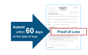 Thumbnail of the Proof of Loss form labeled Proof of Loss. To the right is an arrow pointing to the form labeled submit within 60 days of the date of the loss