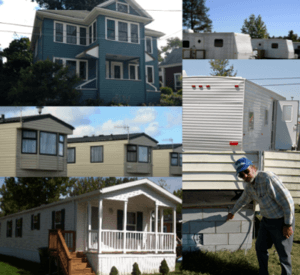 Photograph collage showing house, manufactured homes, travel trailer, and an adjuster inspecting a foundation.