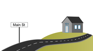 House on a hill with road adjacent to it. Street sign on side of the road says Main street.