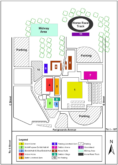 Map of fictional Liberty County Fairgrounds. Legend is Box 1 Event Center, Box 2 Multi-Purpose Exhibit Hall #1, Box 3 is Exhibit Hall #2 Blue Exhibit Hall and Incident Location, Box 4 is Indoor Arena, Box 5 is Butler Livestock Barn, Box 6 is Fleming Livestock Barn, Box 7 is Outdoor Arena, Box 8 is Horse Stalls, Box 9 is Outdoor Stage, Box 10 is RV Parking, Box 11 is Grandstand, Midway Area is at top left, Horse Race Track is at top right, above Grandstand.