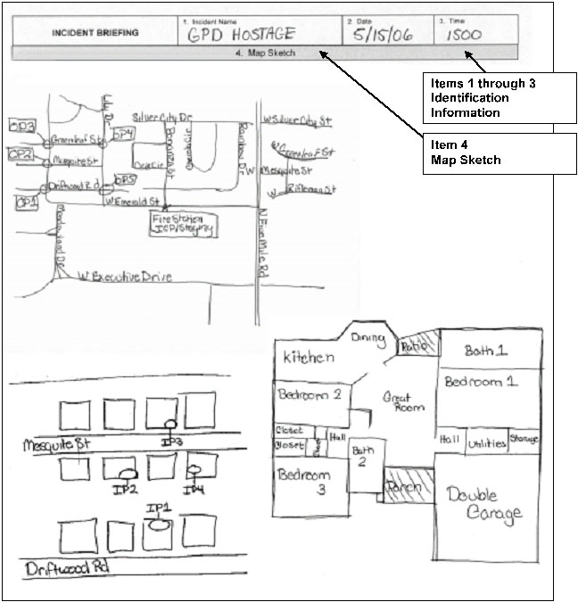 Visual: Sample ICS Form 201 - Items 1 through 3 Identification Information Incident Briefing 1. Incident Name: GPD Hostage 2. Date: 5/15/06 3: Time: 1500 Item 4 Map Sketch