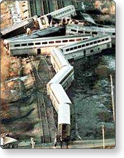 An aerial view of a derailed train