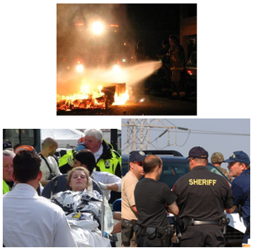 Photo 1 Fire hose spraying truck fire Photo 2 Sheriff Photo 3 Injured patient on stretcher.