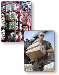 Two pictures: one of a warehouse and another of a man stocking supplies