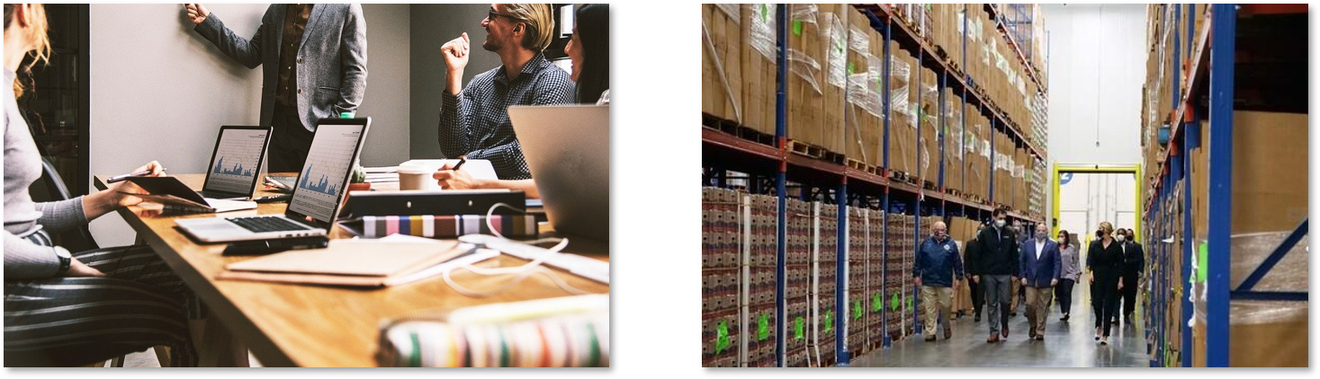 Left picture: Office Meeting. Right picture: A group of people touring a supply warehouse.