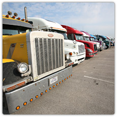 Trucks lined up at a FEMA staging area in Houston Texas