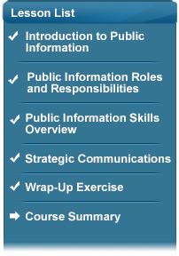 IS0029 Lesson List showing the following lessons: Introduction to Public Information; Public Information Roles and Responsibilities; Public Information Skills Overview; Strategic Communication; Wrap-Up Exercise; Course Summary