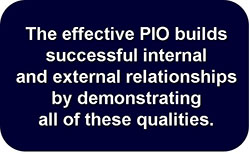 Rounded rectangle with the statement that the effective PIO builds successful internal and external relationships by demonstrating all of these qualities.