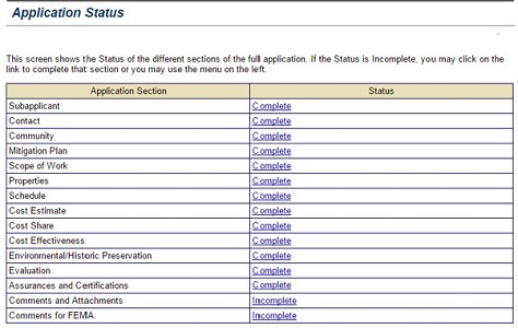 The Application Status screen shows the status of a section as “complete” or “incomplete.” This application shows 13 sections completed, and two shown as "incomplete."