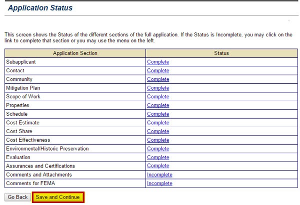 The Application Status screen shows the status of a section as “complete” or “incomplete.”