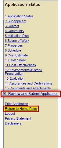 Select the Review and Submit Application link from the Sidebar Menu when ready to submit your application. Otherwise, select the Return to Home Page link. See Appendix for alt text description.