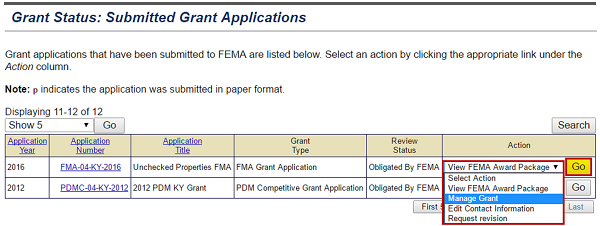 To upload a quarterly report, select the Manage Grant option from the drop down menu on the Grant Status: Submitted Grant Applications screen. See Appendix for alt text description.