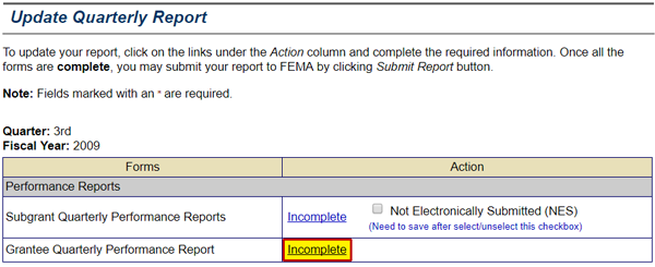 The incomplete status links are displayed for both the Subgrant and Grantee Quarterly Performance Reports on the Update Quarterly Report screen. See Appendix for alt text description