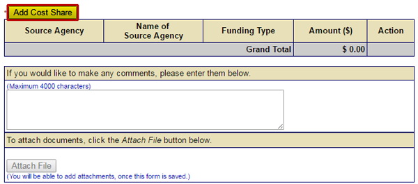 List matching Non-Federal funds sources, whether cash or in-kind services by selecting the Add Cost Share button.