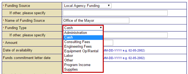 To identify the type of matching non-federal funds, select the Funding Type drop-down menu.