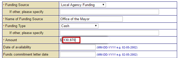 To identify the amount of matching non-federal funds, select the Amount field and type amount. The example shows “130,870.00” in the Amount field. See Appendix for alt text description.