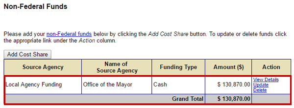 At the end of the Add Cost Share process, the details about the matching non-federal funds appear on the Cost Share page.