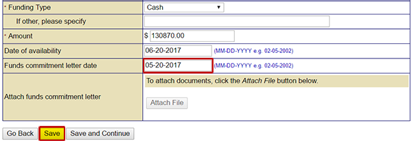 On the Cost Share screen, add the funds commitment letter date in the (emphasized) text field (example shows 05-20-2017). Then select the (emphasized) Save button. See Appendix for alt text description.