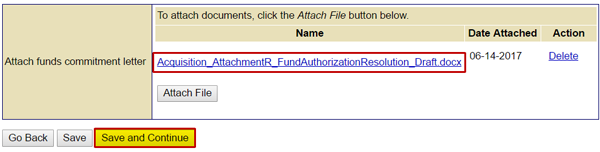 On the Cost Share screen, the file name of the attached letter (Acquisition_AttachmentR_FundAuthorizationResolution_Draft.docx) appears. Select the Save and Continue button. See Appendix for alt text description.