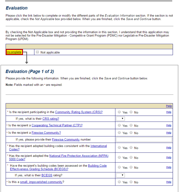 Screenshot of the Evaluation section. Required for Pre-disaster Mitigation subgrant applications. See Appendix for alt text description.