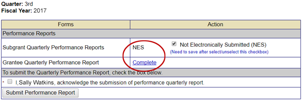 Both the Grantee Quarterly Performance Reports show Complete status. The Subgrant reports show NES status. See Appendix for alt text description.