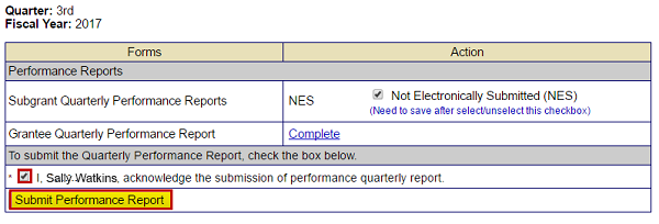 Select the signature box (checked) to acknowledge the submission of the quarterly performance report, then select the Submit Performance Report button (emphasized). See Appendix for alt text description.