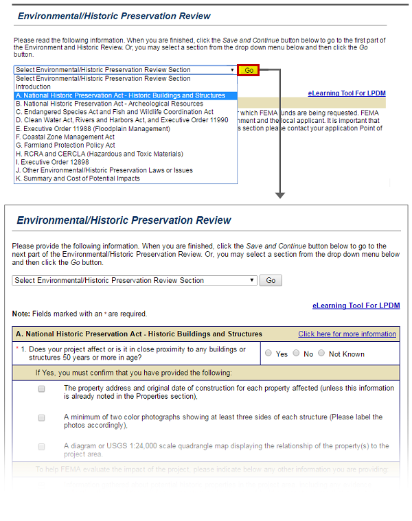 Screenshot of eGrants Environmental/Historic Preservation Review screen. There are 11 questionnaires related to environmental and historic preservation laws and executive orders. See Appendix for alt text description.