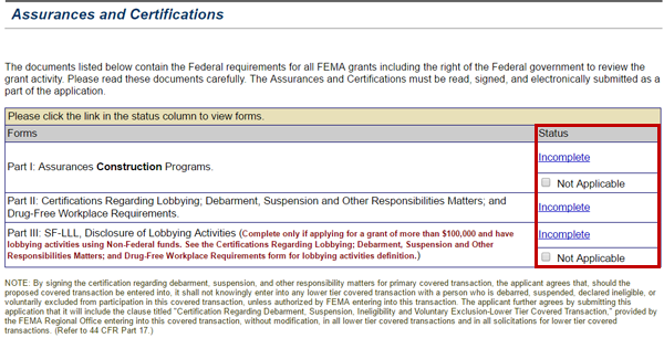 Assurances and Certifications section may be required by the Grant Applicant.