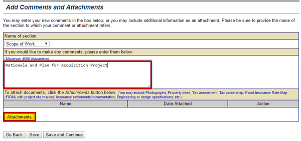 To provide comments regarding the attachment to your eGrants subgrant application, select the Comments field and type a brief description.