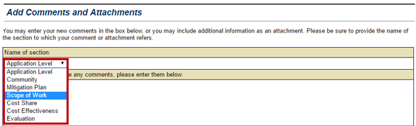 To identify which section of the application to which you wish to attach the document, select the Name of Section drop-down menu.