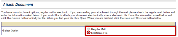 To upload an electronic file from your computer as an attachment to your subgrant application, select the Electronic File radio button from the Attach Document screen.