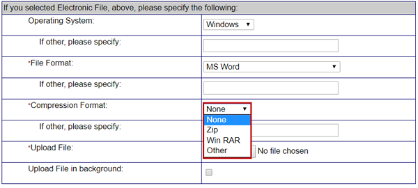 To attach an electronic file to a subgrant application, you must indicate if the file is compressed. Select the Compression Format drop-down menu. There are four options—None, Zip, Win RAR, and Other. See Appendix for alt text description.