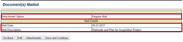 The Documents Mailed screen displays the details about the items sent via Regular Mail including the mail date and a description of the item.