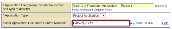 When applicable, enter a Paper Document Control number on the Enter Paper Subgrant Application screen. The example shows: P-05-CL-FY17. See Appendix for alt text description.