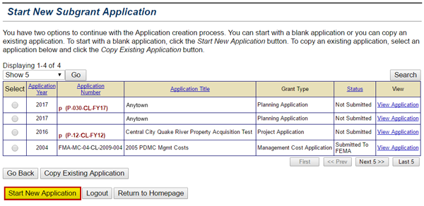 To continue entering a paper subgrant application, select either the Start New Application (highlighted) or Copy Existing Application button on the Start New Subgrant Application screen. See Appendix for alt text description.