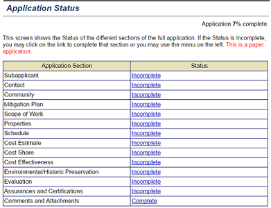 The Application Status screen for a paper subgrant application appears. Select a status link, Incomplete or Complete, to open a section of the application. See Appendix for alt text description.