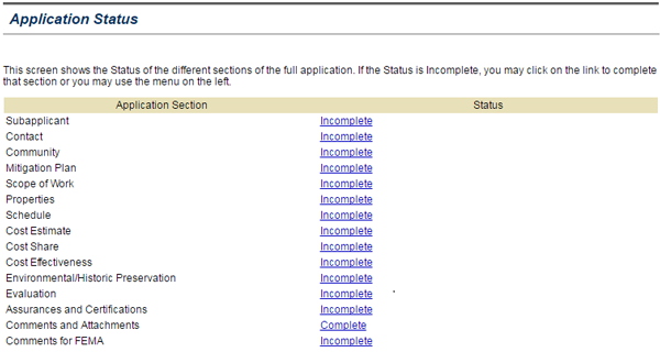 Screenshot of eGrants Applicaton Status screen.