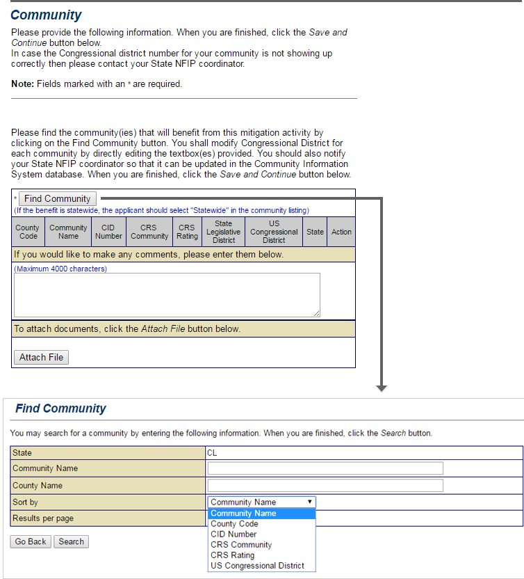 Screenshot of eGrants Community Section. Used to collect information to identify the community where the subgrant funds will be applied. See Appendix for alt text description.