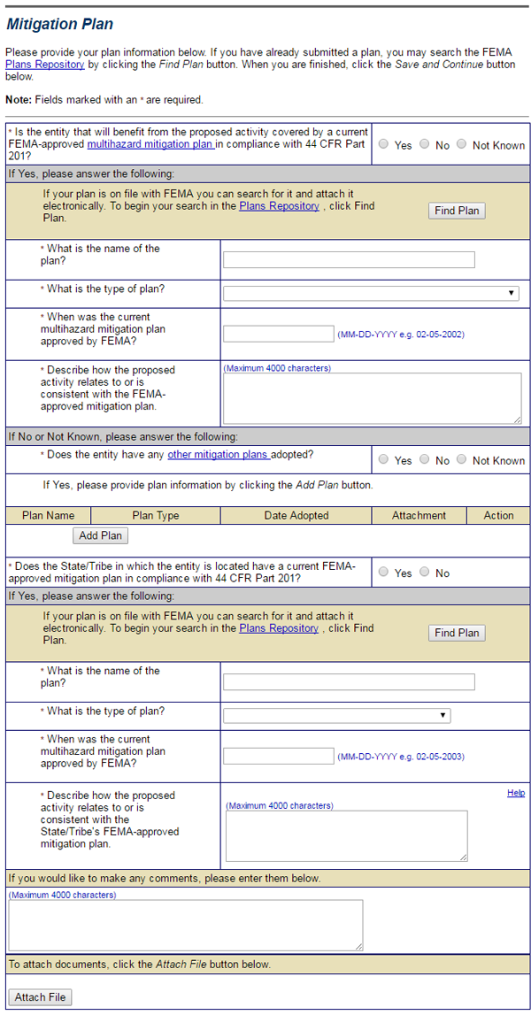 Screenshot of eGrants Mitigation Plan section. Documents your FEMA-approved hazard mitigation plan. Search for a submitted plan in the FEMA Plans Repository by selecting the Find Plan button. See Appendix for alt text description.